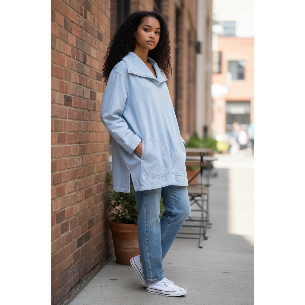 Soft Surroundings Light Blue Relaxed Collar Tunic Sweatshirt Pockets Sz S